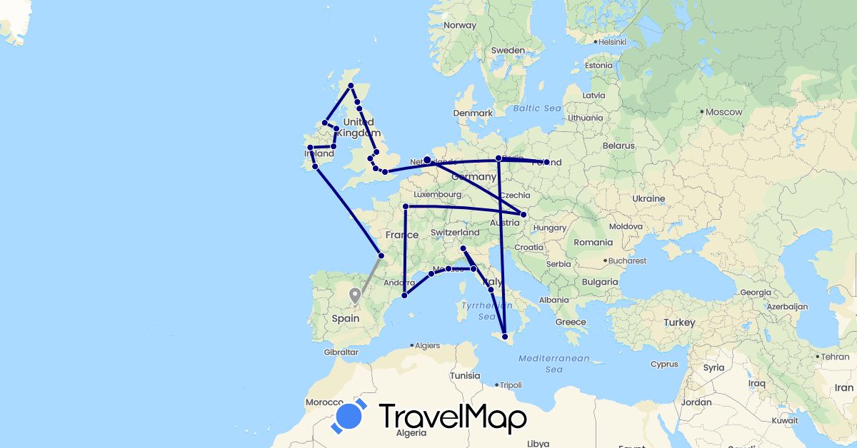 TravelMap itinerary: driving, plane in Austria, Germany, Spain, France, United Kingdom, Ireland, Italy, Monaco, Netherlands, Poland (Europe)