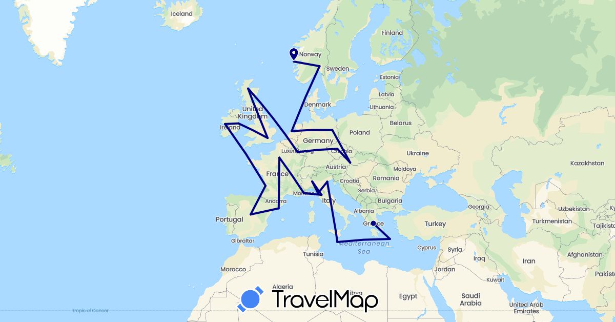 TravelMap itinerary: driving in Czech Republic, Germany, Spain, France, United Kingdom, Greece, Ireland, Italy, Luxembourg, Monaco, Malta, Netherlands, Norway, Slovakia (Europe)